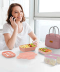Woman using Three Stackable Bento Lunch Box Set With Leak Proof BPA Free Containers Includes Lunch Bag And Built In Utensils Dishwasher Safe
