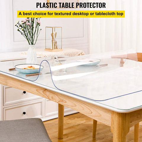 Clear 24 By 60 Inch Table Protector 1.5mm Thick PVC Desk Mat on wooden table in dining room, showing protective and clear cover.