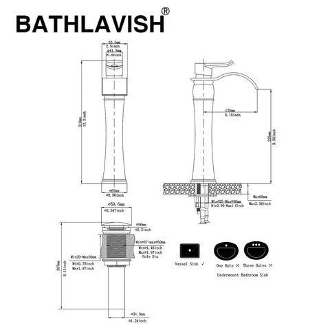 Technical drawing of Chrome Vessel Sink Faucet Tall Waterfall Design With Pop Up Drain Single Handle Polished Finish Without Overflow 1 Hole Basin Mixer Tap Pro Grade Built To Last For Modern Bathrooms