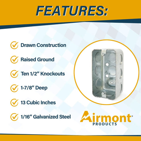 Pro Grade 4x2 Inch Utility Electrical Box And Cover Pack With Ten 1/2 Inch Knockouts, Drawn Construction, Raised Ground, 1-7/8 Inch Deep, 13 Cu In Capacity, Galvanized Steel features