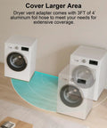 Front view of two white front-loading washers on a light wood floor with a teal circular graphic between them.