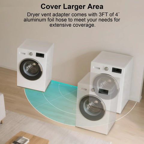 Front view of two white front-loading washers on a light wood floor with a teal circular graphic between them.