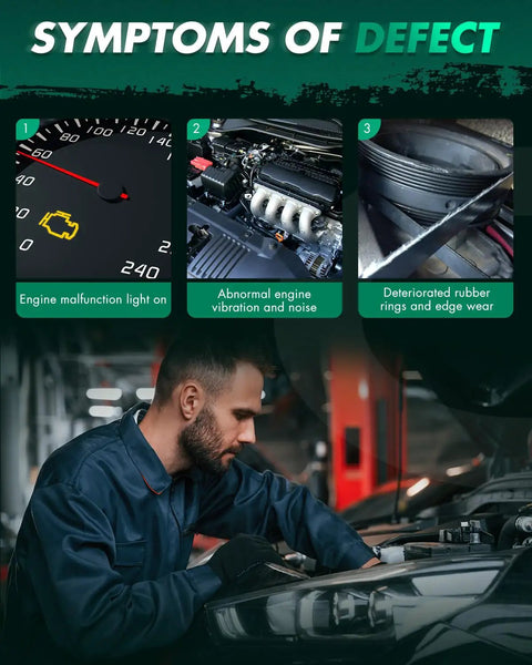 Mechanic diagnosing engine issues; symptoms include engine malfunction light, vibration, worn rubber. Engine Harmonic Balancer 594 225.