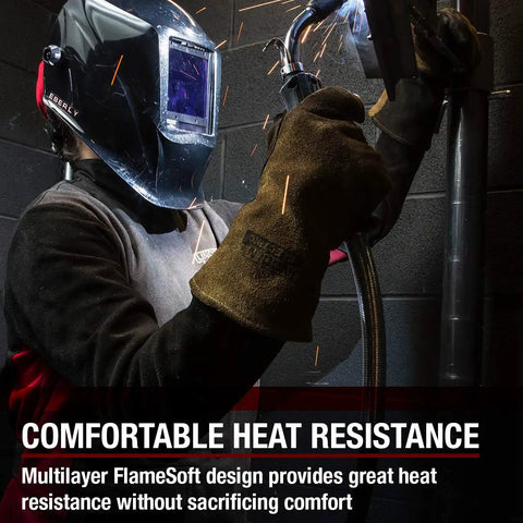 Welder wearing Heavy Duty MIG And Stick Welding Gloves For Superior Heat Resistance And Durability, Medium Size, in action.
