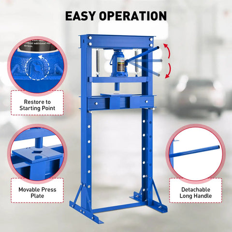 20 Ton Hydraulic Shop Press With H Frame For Auto Bending And Stamping Heavy Duty Adjustable Table And Press Plates Durable Car Workshop Tool In Blue Finish shown with features such as movable press plate and detachable handle.