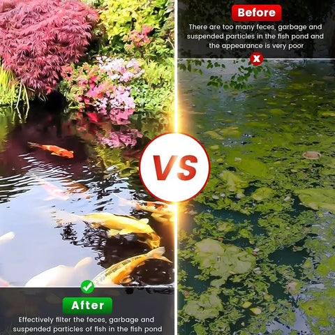 Before and after image demonstrating pond clarity using All In One Pond Filter Pump 950 GPH With UV C 13W 110V Inverter Fountain Kit