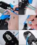 Step by step RJ45 Crimp Tool Kit For Cat5 And Cat5e Installations With 100 RJ45 Connectors, 20 Connector Covers, Cable Tester, And Wire Stripper use