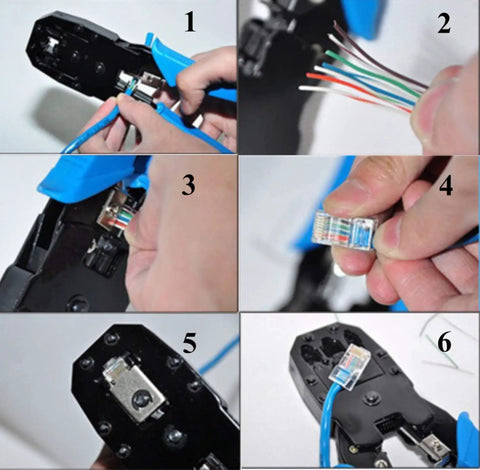 Step by step RJ45 Crimp Tool Kit For Cat5 And Cat5e Installations With 100 RJ45 Connectors, 20 Connector Covers, Cable Tester, And Wire Stripper use