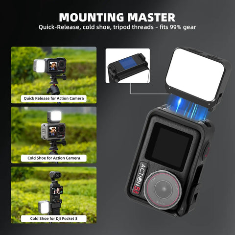 Lil Portable Mini LED Video Light for Action Cameras with Cold Shoe and Quick Release Mounts shown in various setups