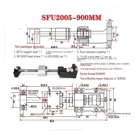 Ball Screw SFU2005 900mm Long Bombproof Low Backlash Precision Linear Drive For CNC Machines With Smooth Rolling Friction And Rugged Bearing Steel Build For Heavy Duty Machining, technical drawing