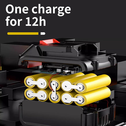 Bad Boy Cordless Grass Shears And 21V Mini Hedge Trimmer battery compartment showing six yellow lithium-ion cells for 12 hours of use.