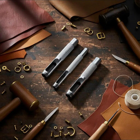 Pro Grade Heavy Duty Steel Leather Hole Punch Set Three Piece Grommet Punch Kit With Sizes One Quarter Inch Three Eighths Inch And One Half Inch For Leather Craft Belts Bags Upholstery And DIY Projects displayed on a wooden table with leather and tools.