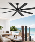 65 Inch Outdoor Ceiling Fan With Remote No Light Damp Rated Black Modern Design 6 Speed Reversible DC Motor in patio setting