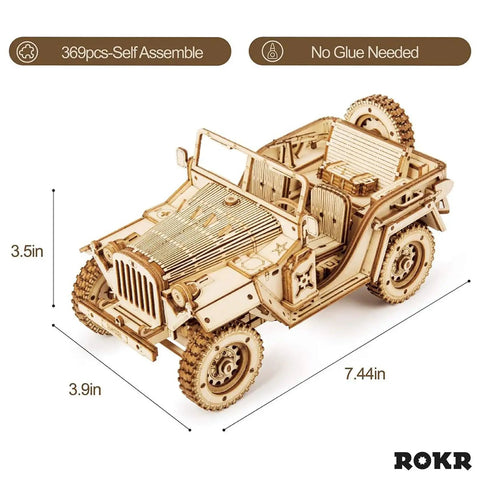 1:18 Scale Mechanical Car Puzzle Kit for Adults and Teens, 3D Wooden Model, No Glue Needed, Brain Teaser, Vehicle Building Craft, Eco Friendly Plywood, Dope Gift for Birthdays and Christmas, wooden jeep view