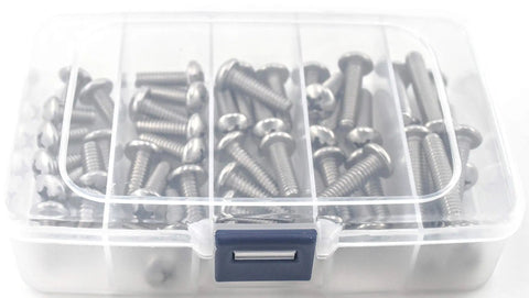 Top Tier 304 Stainless Steel Pan Head Screw Kit With Quarter Twenty Threads And Five Mixed Lengths inside clear storage box.