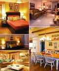 Various rooms lit by RGB LED color changing bulbs, showcasing home decor and ambiance, emphasizing mood lighting options.