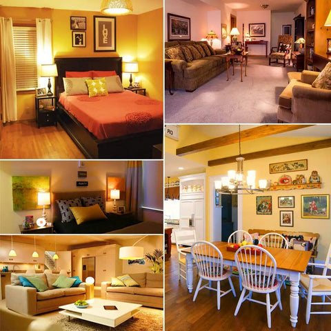 Various rooms lit by RGB LED color changing bulbs, showcasing home decor and ambiance, emphasizing mood lighting options.