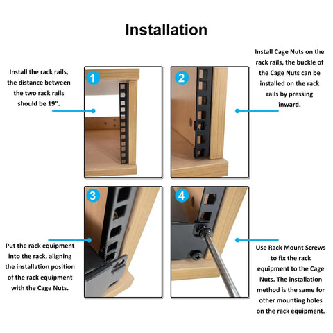 Installation guide for Built Tough 4U Vertical Wall Mount Rack Rails With M6 Screws And Cage Nuts for network gear.