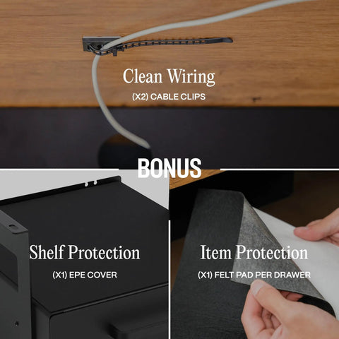 Under Desk Sliding Drawers With Smooth Rollout Action And Lockable Hardware Matte Black Steel Storage Organizer with cable clips and felt pads.