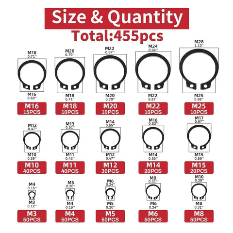 Check out this massive 455 Piece External Retaining Rings Kit With Shaft Clips E Type Circlips And C Clamps Featuring 15 Tiny Sizes From M3 To 25mm Made From Hardened Zinc Plated Carbon Steel For Serious Heavy Duty Axial Parts Fixing That Lasts - variety of 15 metric sizes on display.