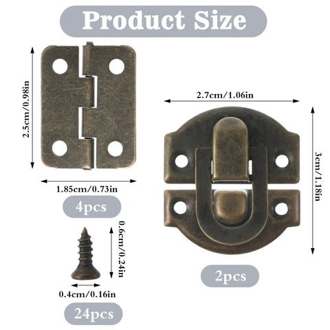Retro Antique Bronze Small Box Hinges Kit includes 4 hinges, 2 hooks, 24 screws with sizes for wooden and jewelry boxes.
