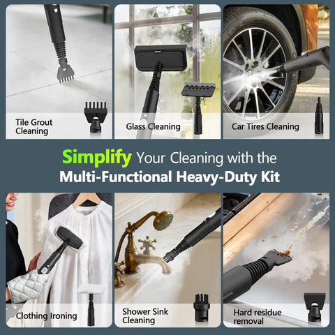 High Performance 2500W Handheld Steam Cleaner With Auto Stop And 15 Piece Accessory Kit, various cleaning attachments for home and car.