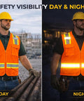 Lightweight Fluorescent Orange High Visibility Work Vest Featuring Breathable Poly Knit Mesh For Daily Grind Toughness And Sweat Wicking Crew Comfort In Small, shown in day and night visibility.