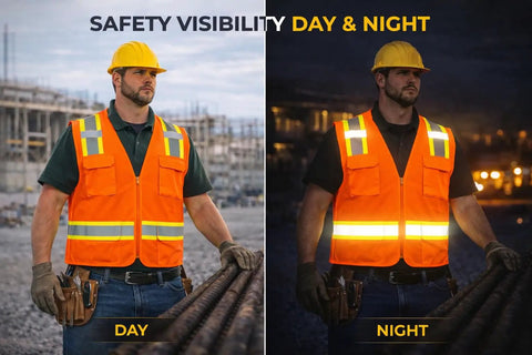 Lightweight Fluorescent Orange High Visibility Work Vest Featuring Breathable Poly Knit Mesh For Daily Grind Toughness And Sweat Wicking Crew Comfort In Small, shown in day and night visibility.
