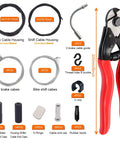 Pro Grade 107 Piece Bike Cable Kit With Stainless Steel Wire Cutter Universal Cable Housing Brake And Shift Cables End Caps O Rings And Crimps For Quick No Hassle Bike Maintenance Includes 6 Brake Cables And 6 Shift Cables, showing kit components and wire cutter.