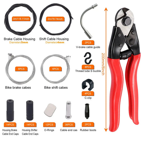 Pro Grade 107 Piece Bike Cable Kit With Stainless Steel Wire Cutter Universal Cable Housing Brake And Shift Cables End Caps O Rings And Crimps For Quick No Hassle Bike Maintenance Includes 6 Brake Cables And 6 Shift Cables, showing kit components and wire cutter.