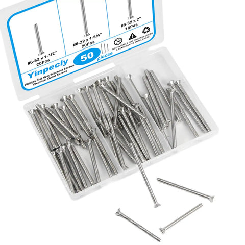 Top Notch 50 Piece 6 32 Machine Screw Knockout Pack With One Half Two Or One Three Quarter Inch Sizes For Outlet Box Mounting and Hardcore Diy Home Improvement Projects in clear plastic case.