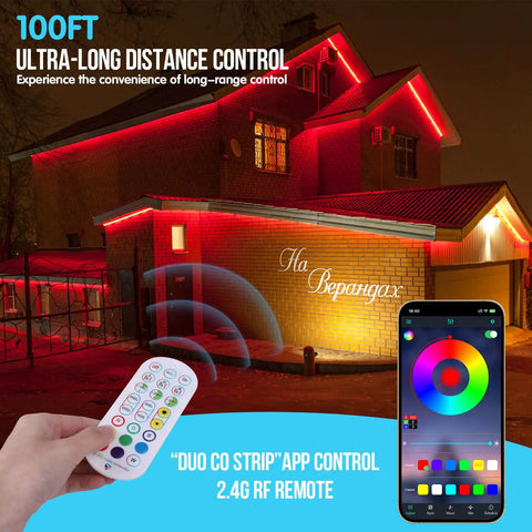 Outdoor 100Ft IP68 Waterproof LED Strip Lights With RF Remote And Bluetooth Music Sync App Control lighting up house red.