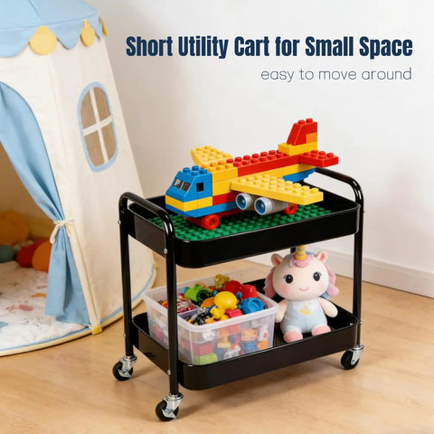 Two Tier Rolling Cart With Wheels For Under Desk Storage And Small Space Organization in black, shown with toys in a child's room.