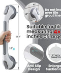 Two Pack Suction Grab Bars For Shower And Bath Removable Heavy Duty Waterproof shown with dimensions and installation details