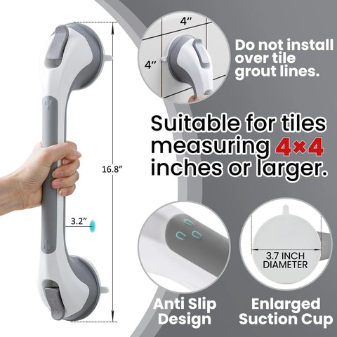 Two Pack Suction Grab Bars For Shower And Bath Removable Heavy Duty Waterproof shown with dimensions and installation details