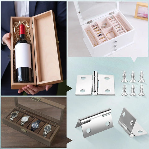 14 sets of 1-inch stainless steel hinges with screws for wooden jewelry boxes; shown with watch box and hardware.