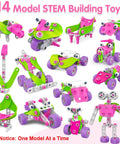 Pink Kid Friendly Education Building Set For Girls Ages 4 To 10 With 14 Ways To Play Build Cars Planes Robots And More Educational Construction Toy For Kids Ages 4 6 7 8 10 Perfect Birthday Or Holiday Gift showing 14 pink and green model designs.