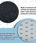 Close-up of wet silicon carbide round sandpaper and hook and loop backing with 320 grit, Five Inch Sanding Discs Set, 60 Pcs Hook And Loop, Grits 320 600 800 1200 1500 2000 With Tack Cloth, No Holes, Silicon Carbide Round Sandpaper For Orbital Sander Finishing And Polishing.