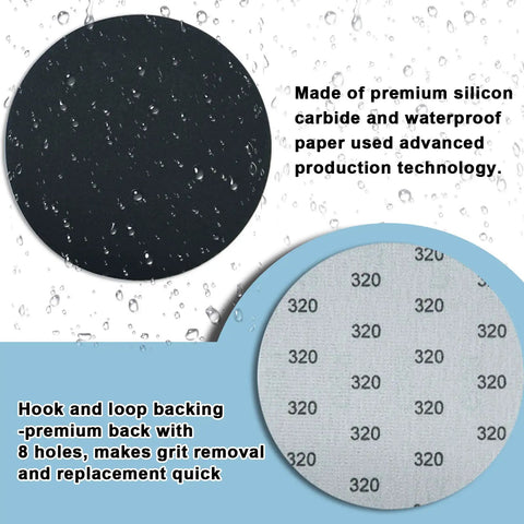 Close-up of wet silicon carbide round sandpaper and hook and loop backing with 320 grit, Five Inch Sanding Discs Set, 60 Pcs Hook And Loop, Grits 320 600 800 1200 1500 2000 With Tack Cloth, No Holes, Silicon Carbide Round Sandpaper For Orbital Sander Finishing And Polishing.