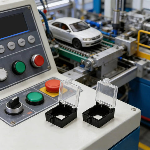 Emergency Stop Button Guard Cover for 22mm Push Switches on control panel with machinery in background