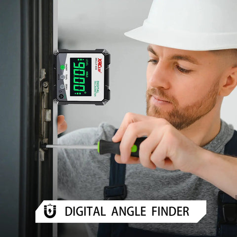 No Nonsense Digital Angle Gauge Meter delivering straight reads on a door frame with a magnetic base, used for precision measuring.