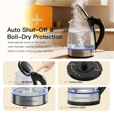 Electric Glass Kettle With Auto Shut Off 1.8L Borosilicate Glass Body Stainless Steel Inner Lid And Base No Plastic Touching Boiling Water Quick Boil Safe Pour Modern Countertop Tea And Coffee Kettle with features
