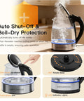 Electric Kettle Glass With No Plastic Contact With Water Auto Shut Off Fast Boil 1.8L Borosilicate Glass Stainless Steel Interior 1000W Hot Water Boiler For Tea And Coffee Black showing auto shut-off, blue LED lights, one-touch lid release, and 360-degree base.