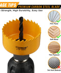 Close-up of Six Piece Hole Saw Set With Arbor Adapter Makes Short Work Of Wood Metal Plastic Drywall Cutter Kit mounted on drill.
