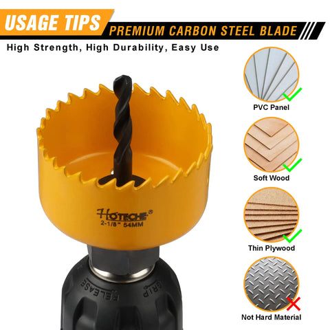 Close-up of Six Piece Hole Saw Set With Arbor Adapter Makes Short Work Of Wood Metal Plastic Drywall Cutter Kit mounted on drill.
