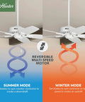 52 Inch Indoor Ceiling Fan No Light With Pull Chain White 5 Blades Standard Mount For Bedroom Living Room Or Kitchen Whisper Quiet Efficient Builder Elite 53240 Snow White showing summer and winter modes