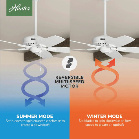 52 Inch Indoor Ceiling Fan No Light With Pull Chain White 5 Blades Standard Mount For Bedroom Living Room Or Kitchen Whisper Quiet Efficient Builder Elite 53240 Snow White showing summer and winter modes