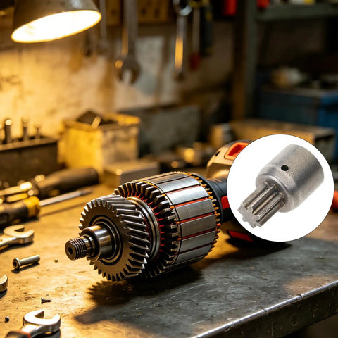 Super Slick 5 mm Shaft Electric Wrench Motor Gear Rotor with 7 Tooth design on a workbench for easy maintenance.