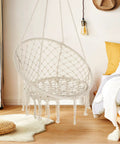 Cozy Hammock Chair Set Of 2 Macrame Swing Chairs With Tassels Bohemian Style Handwoven Cotton Rope Indoor Outdoor Beige Max 330 Lbs Perfect Backyard Relaxation hanging indoors