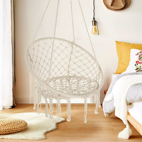 Cozy Hammock Chair Set Of 2 Macrame Swing Chairs With Tassels Bohemian Style Handwoven Cotton Rope Indoor Outdoor Beige Max 330 Lbs Perfect Backyard Relaxation hanging indoors